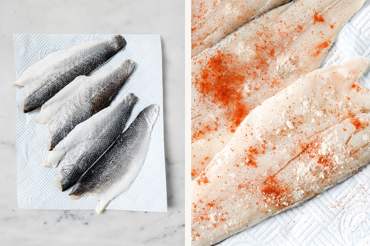 Left: sea bass fillets skin-side up on a paper towel. Right: seasoned sea bass fillets.