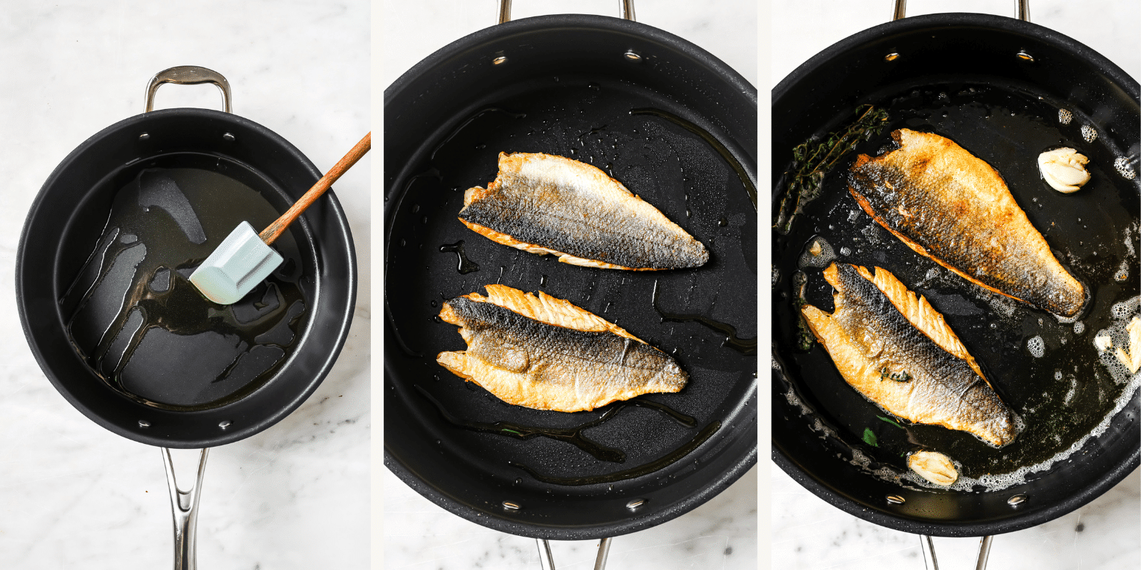 Searing and basting sea bass fillets in garlic butter in a skillet.