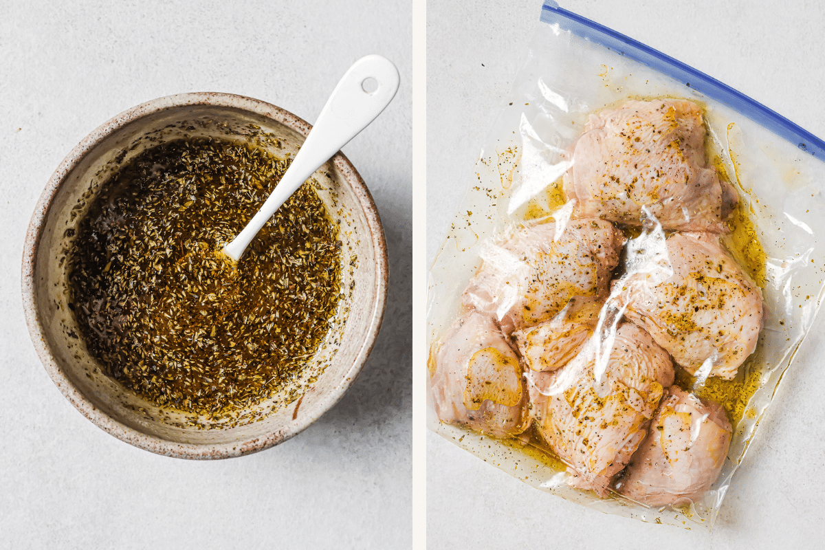 Left: marinade mixed in a bowl. Right: chicken thighs and marinade in a ziptop bag.
