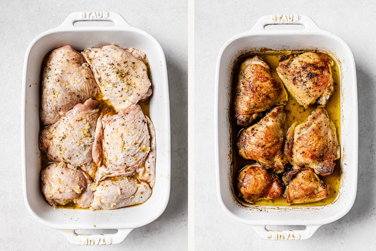 Left: uncooked chicken thighs in a baking dish. Right: chicken thighs once they’ve cooked.