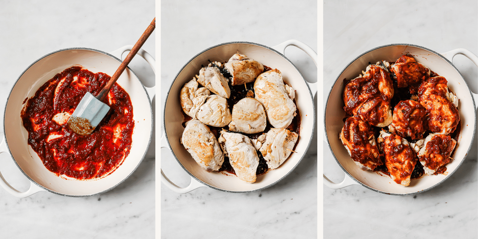 Adding the tomato sauce and chicken to a baking dish.