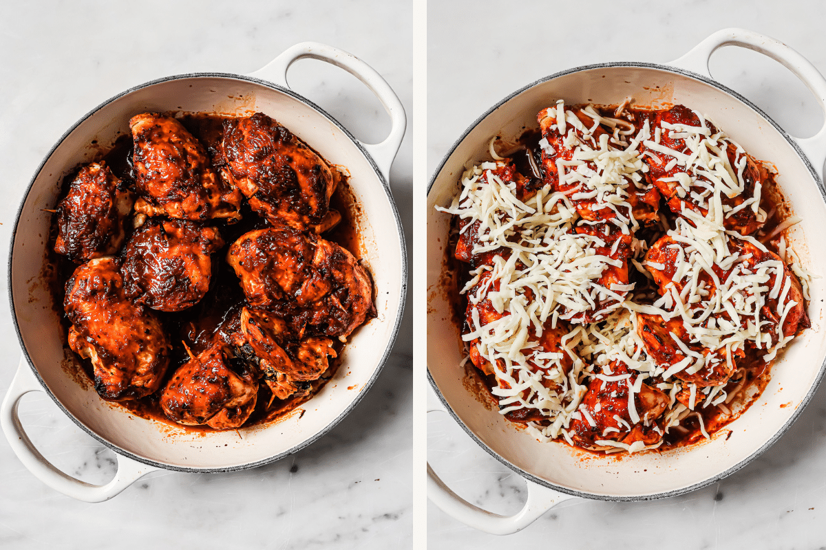 Left: baked chicken in a skillet. Right: cheese added on top.