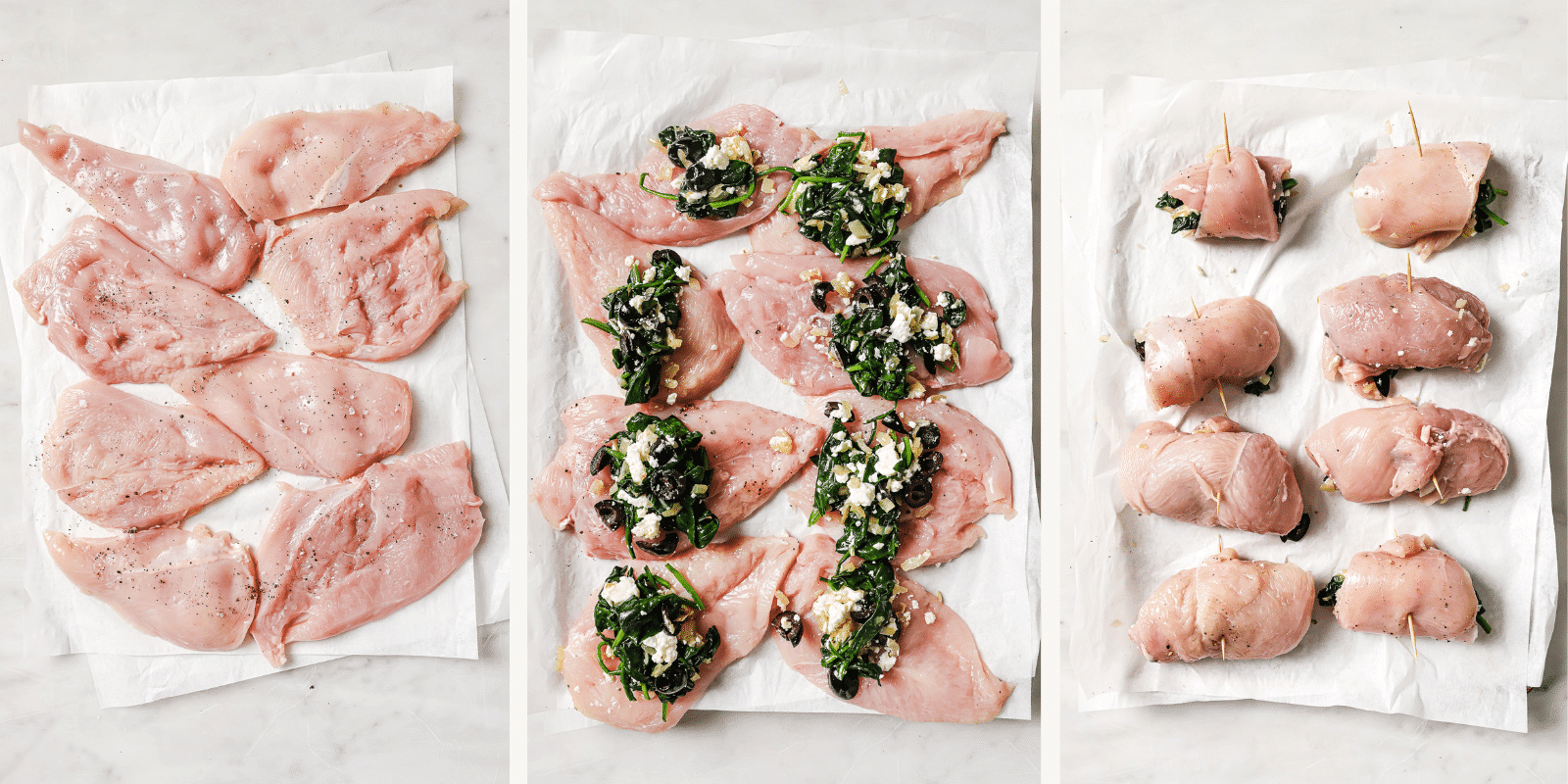 Stuffing and rolling up the chicken fillets.