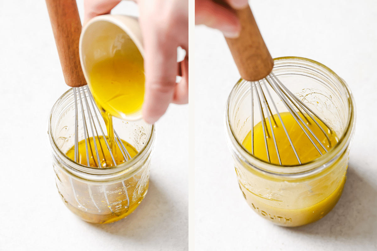 Left: pouring olive oil in the jar. Right: whisking the vinaigrette. 