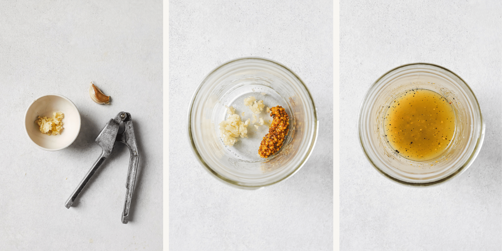Left: crushed garlic. Center: garlic and mustard in a jar. Right: lemon and seasonings added.