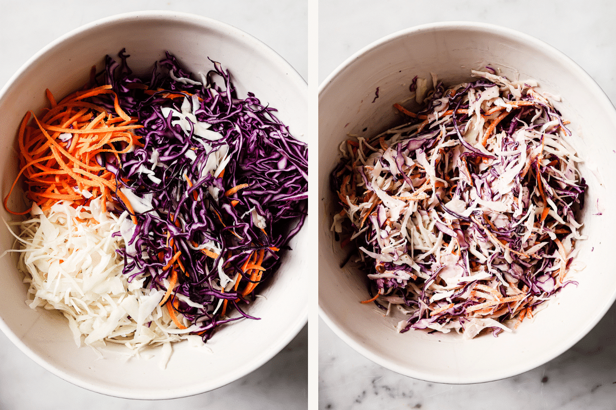 white bowl with thinly sliced cabbage.
