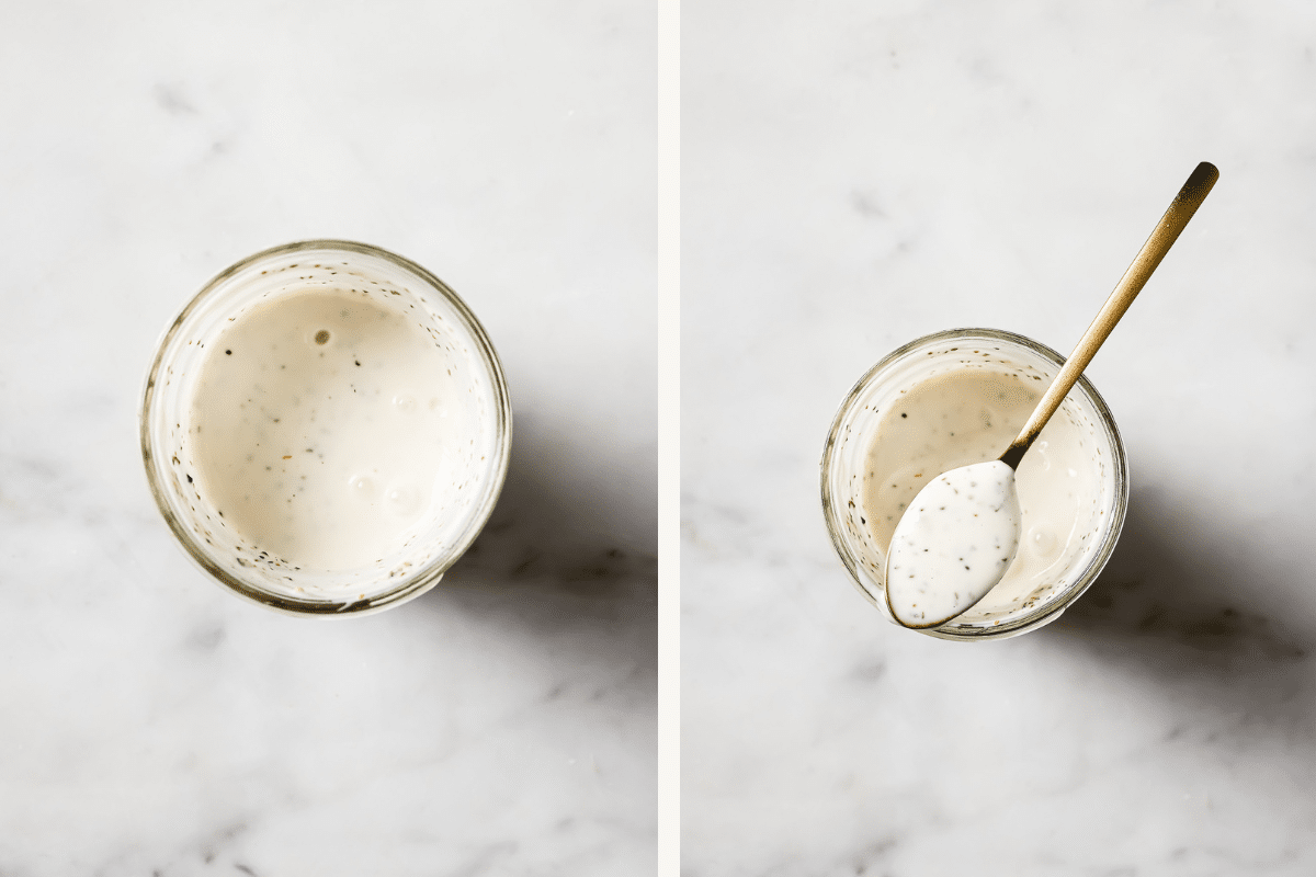 right: salad dressing in a glass jar. Left: salad dressing in a glass jar with a spoon on top of the jar.