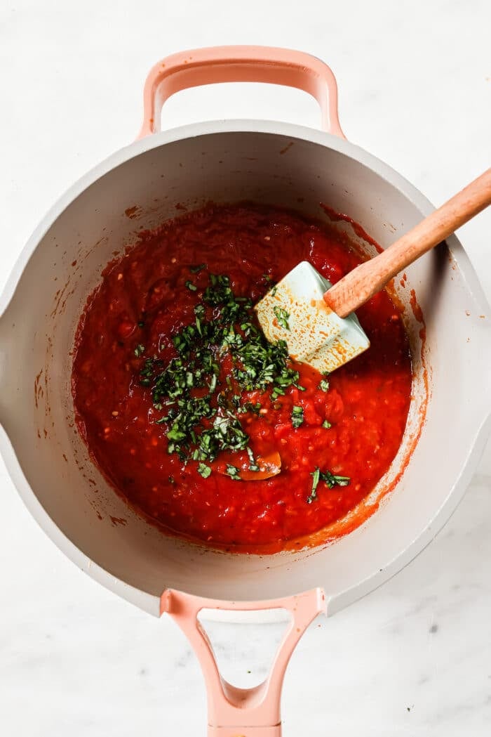 tomato sauce ingredients in a pan