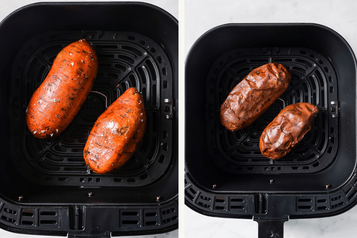 Sweet potatoes in the air fryer basket uncooked, then cooked.