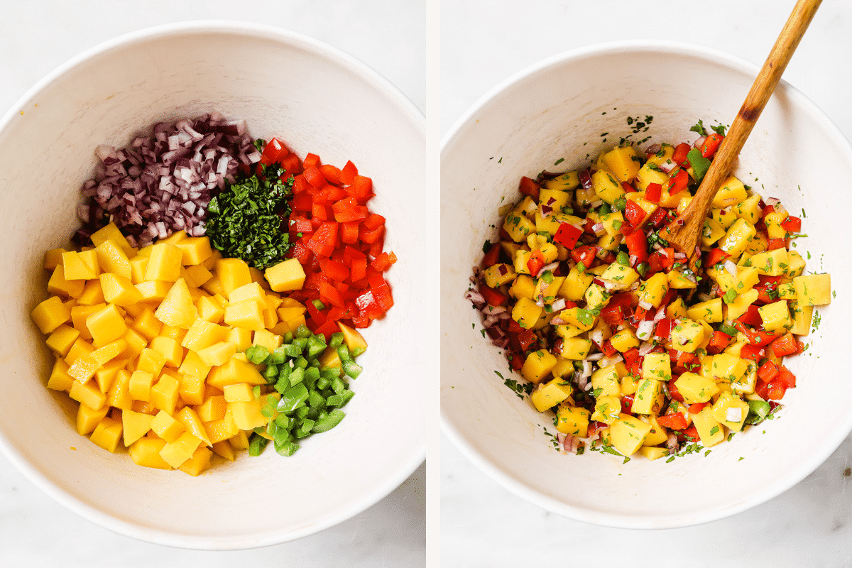 Left: chopped ingredients in a bowl. Right: a finished bowl of mango salsa.