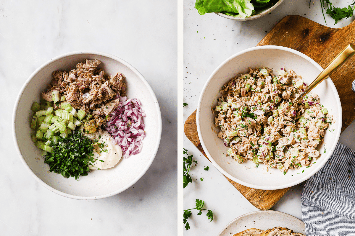 Left: tuna salad ingredients in a bowl. Right: tuna salad mixed together.