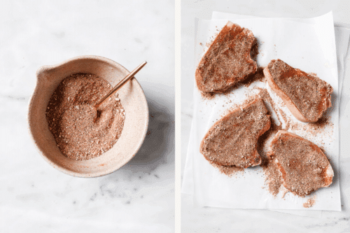 spices in a bowl and raw pork chops with dry spices