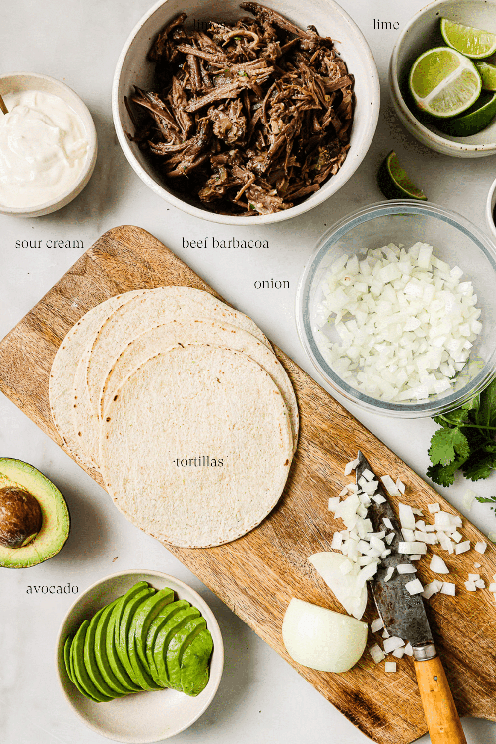 An overhead view of barbacoa taco ingredients in small bowls.