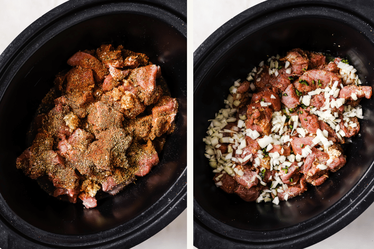 Left: crock pot with pork shoulder coated with seasonings. Right: onions, jalapeño, and orange juice added.