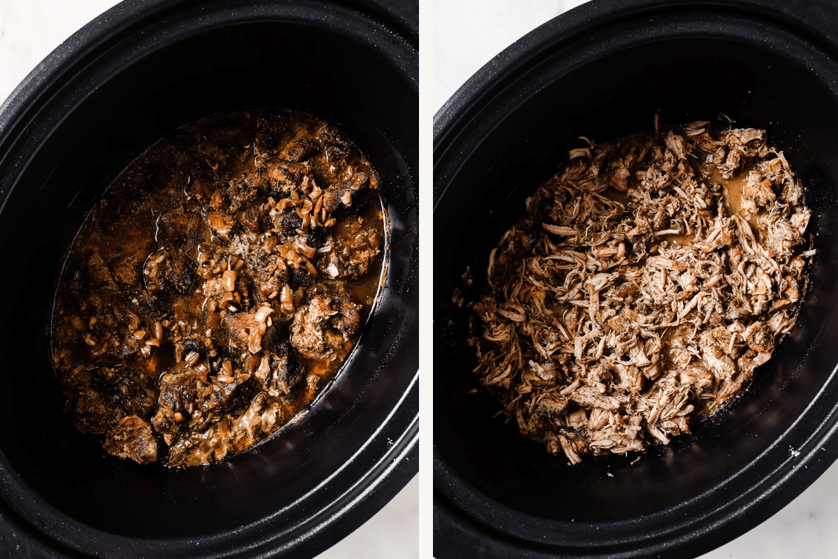 Left: pork shoulder cooked in a crock pot. Right: pork shoulder shredded.