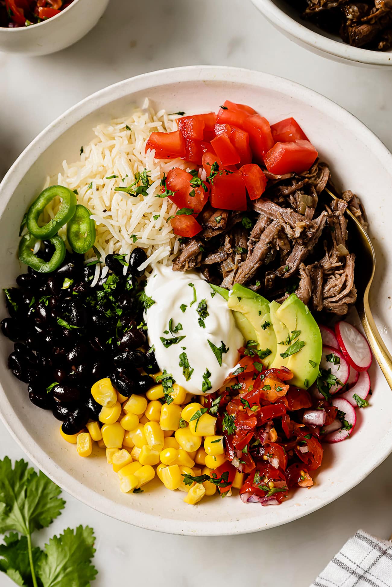 An overhead view of a barbacoa burrito bowl with veggies and toppings.
