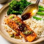 honey garlic salmon on a plate with rice