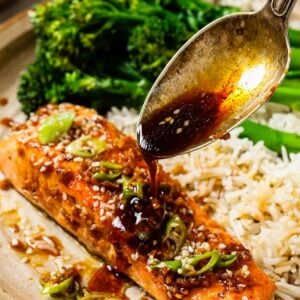 honey garlic salmon on a plate with rice