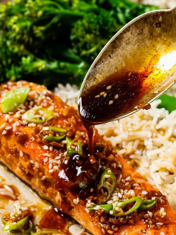 honey garlic salmon on a plate with rice