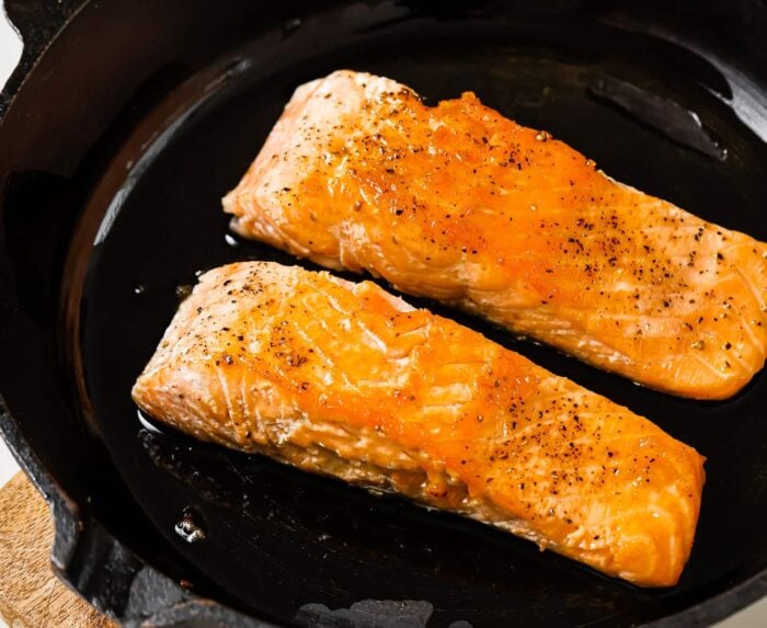 Salmon in a cast iron skillet