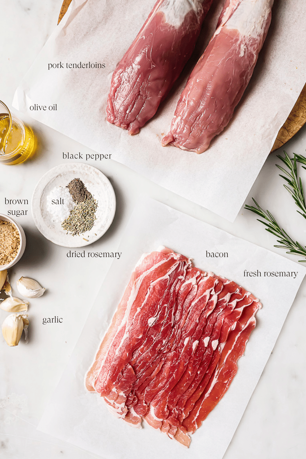 An overhead view of pre-measured ingredients on a white countertop. 