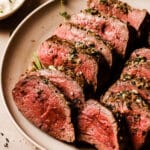 closeup view of Garlic Butter Beef Tenderloin
