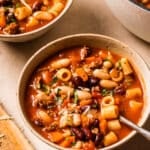 overhead view of Pasta e Fagioli Soup in a bowl.