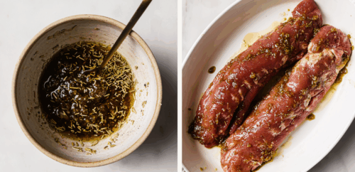 A bowl of herb marinade with a spoon sits beside a dish of two raw pork tenderloins coated in the marinade, perfect for preparing Bacon Wrapped Pork Tenderloin.