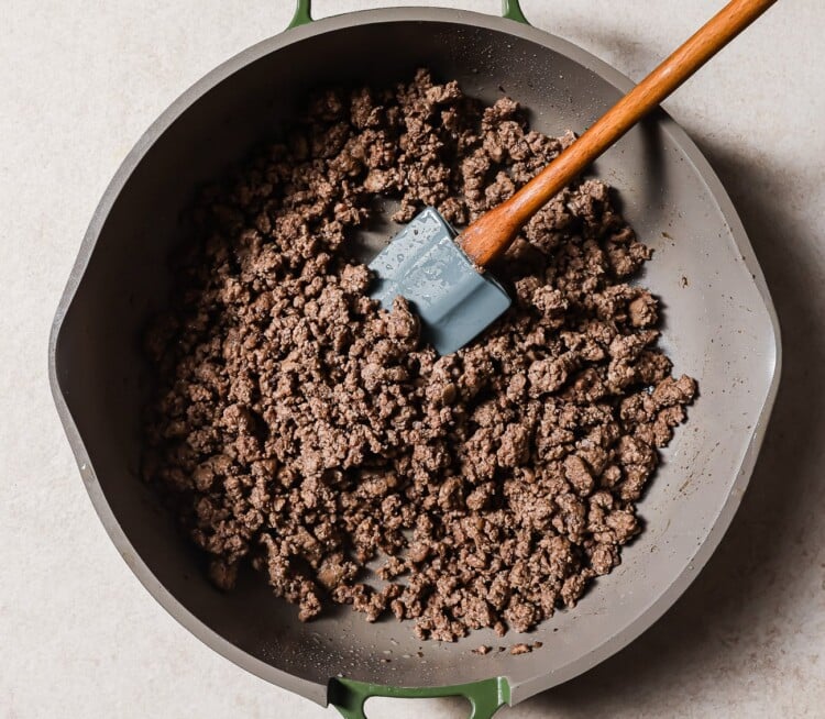 cooked ground beef in a skillet