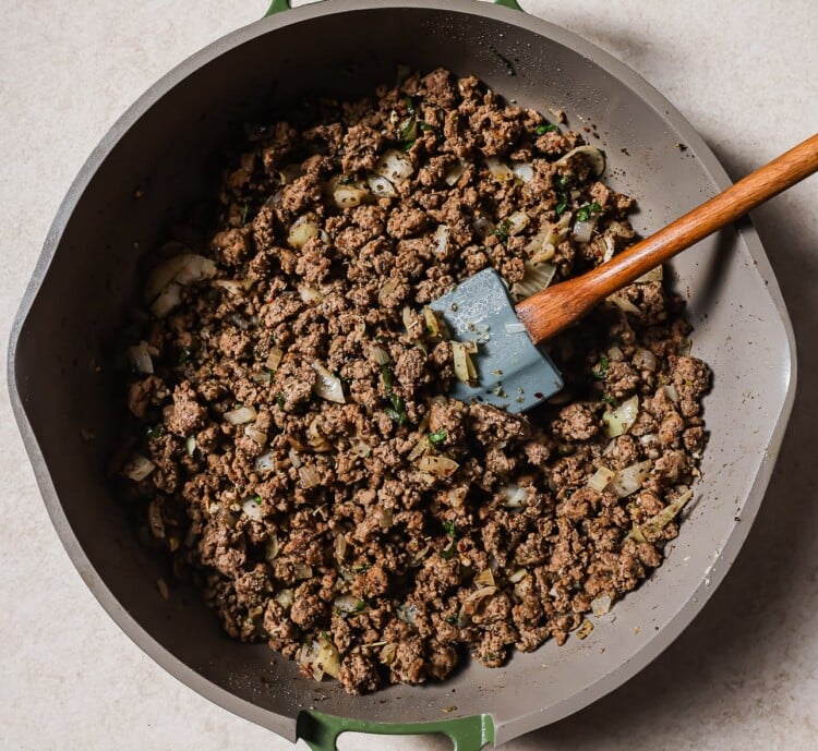 cooked ground beef in a skillet