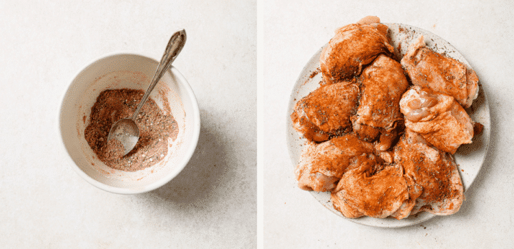 Left: White bowl with spices. Right: Raw chicken thighs, seasoned, on a white plate.