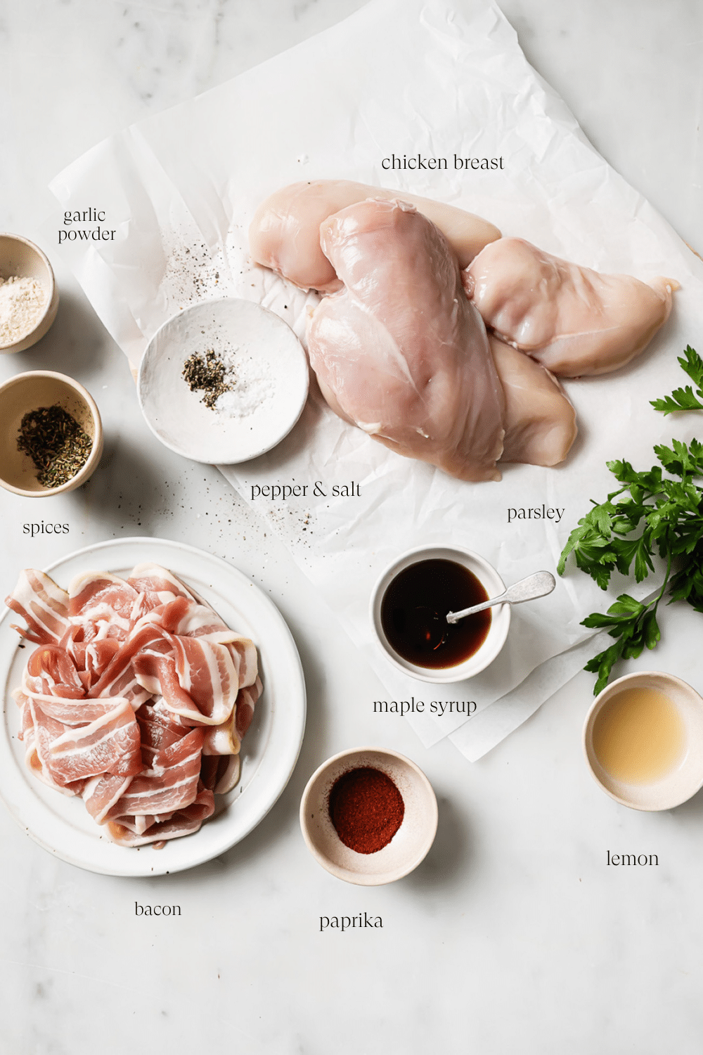 Pre-measured ingredients on a white countertop with text overlay for each item.