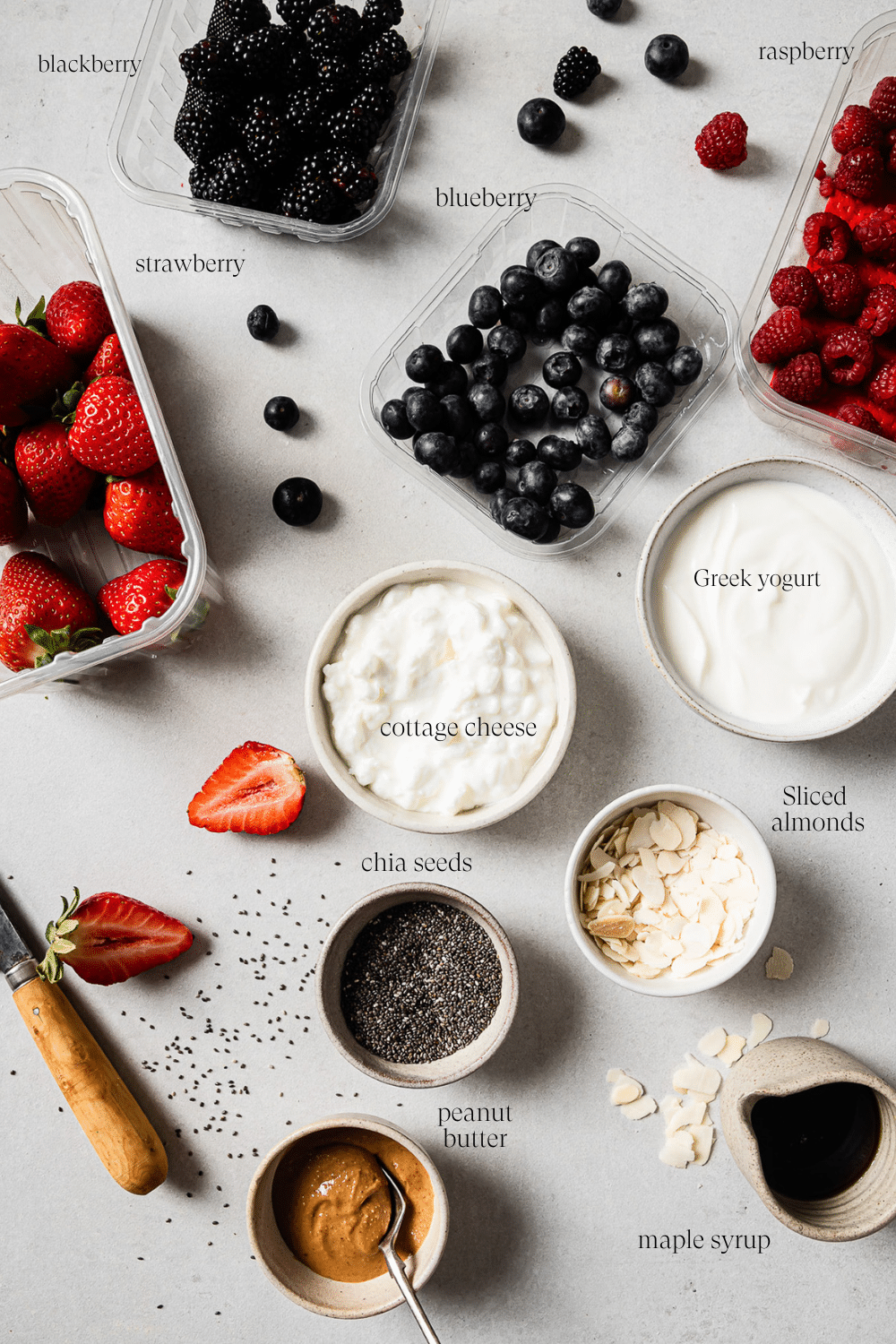 Pre-measured ingredients in small bowls with text overlay labeling each one.
