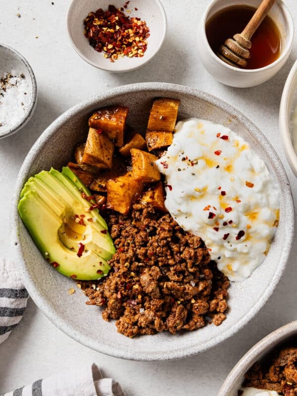 overhead view of cottage cheese taco bowl.