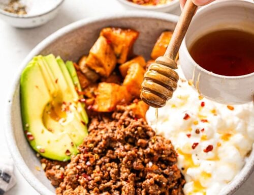 closeup view of cottage cheese taco bowl with hot honey.
