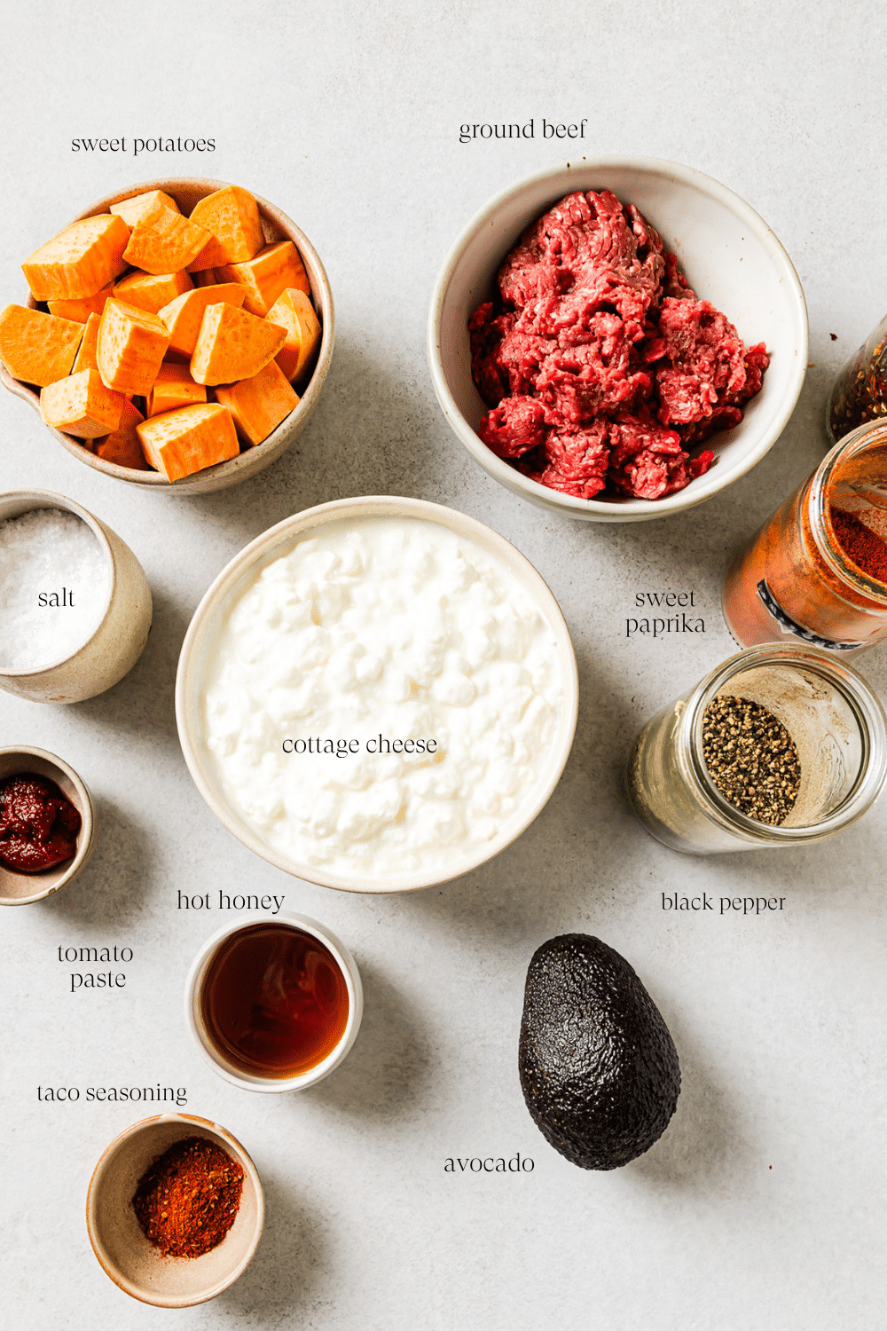 on the ingredients together on a countertop to make cottage cheese taco bowl.