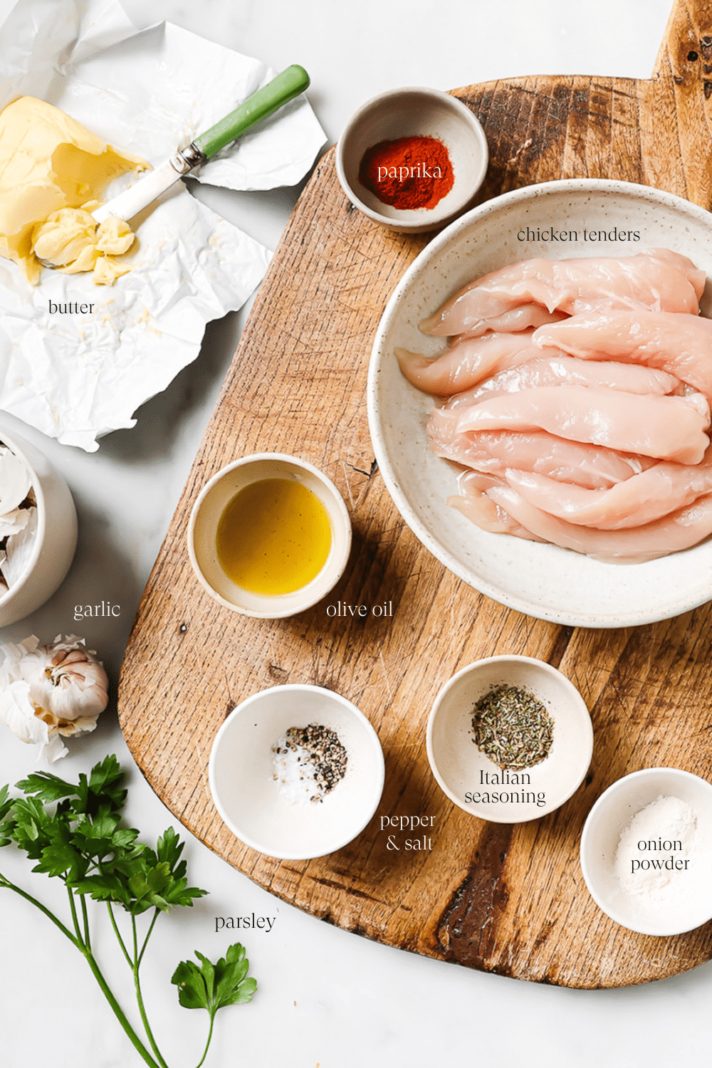 Pre-measured ingredients in small bowls with text overlay for each ingredient.