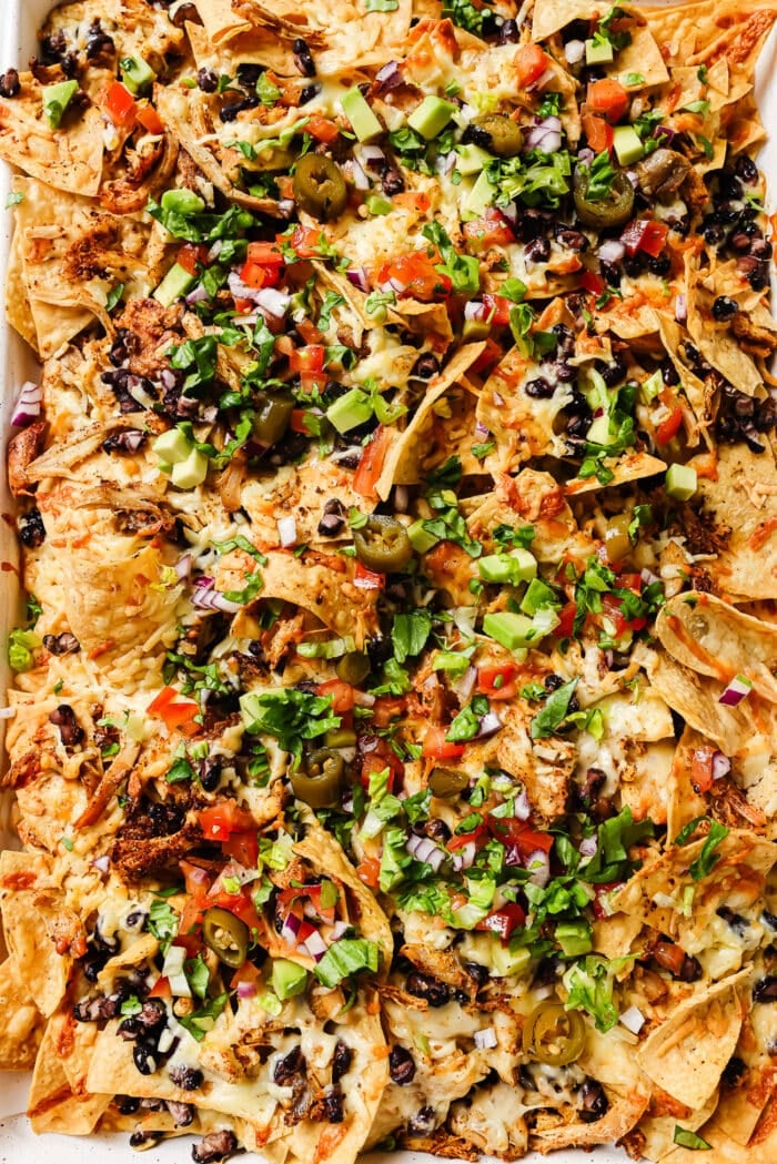 A close-up of rotisserie chicken nachos with pico de gallo, cilantro, and avocado. 