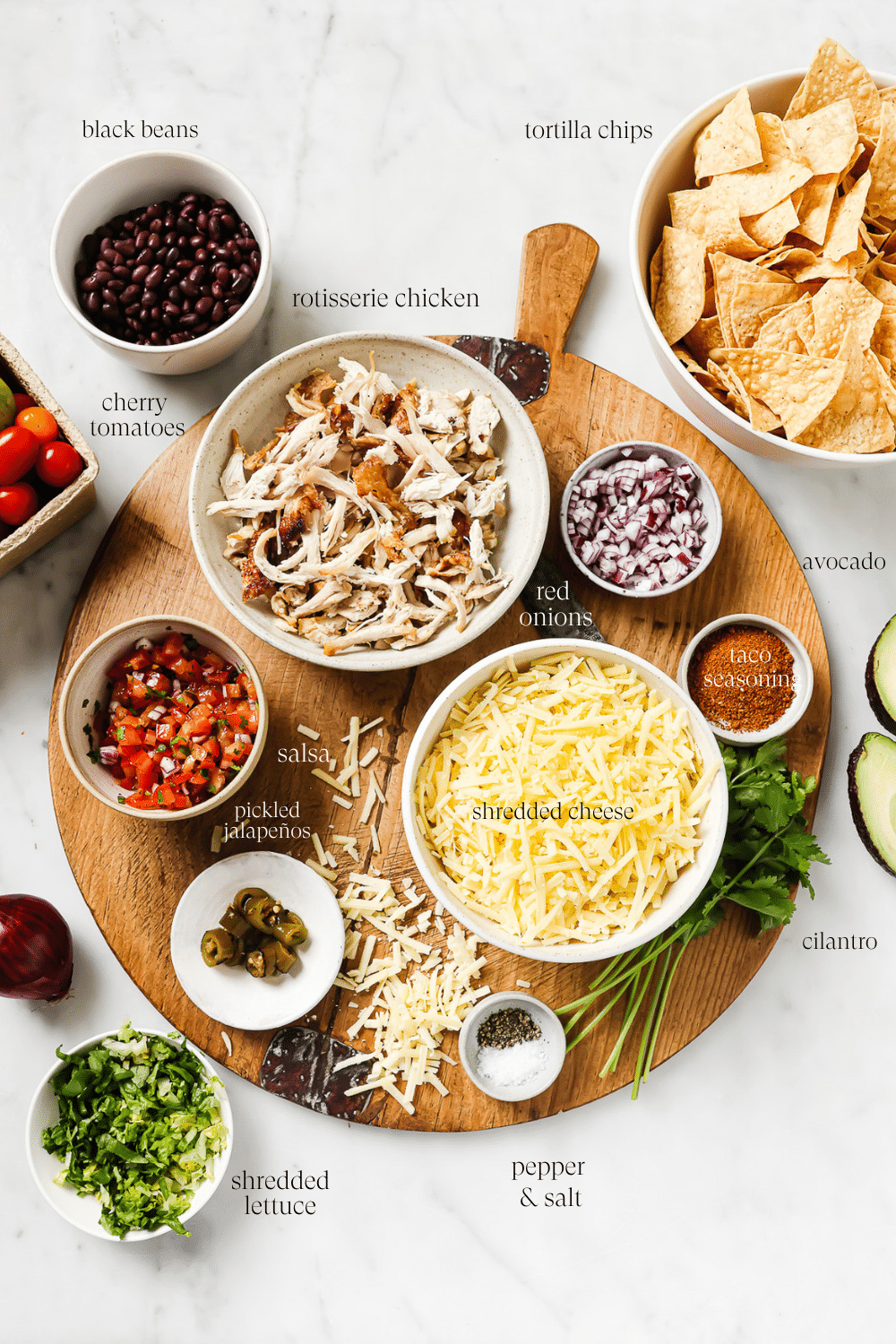 Pre-measured ingredients for rotisserie chicken nachos with text overlay on each component. 