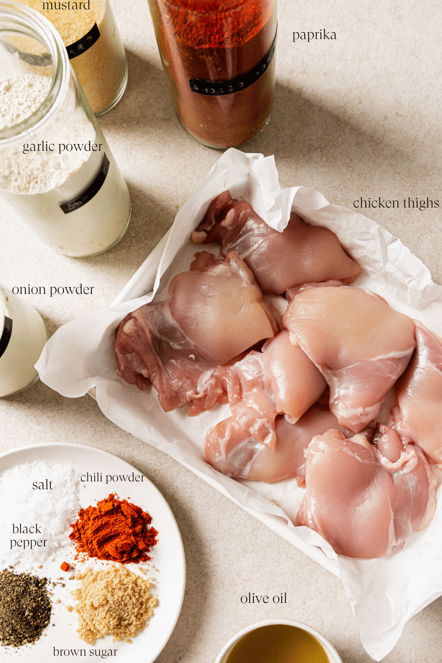 ingredients to make chicken thighs on a countertop