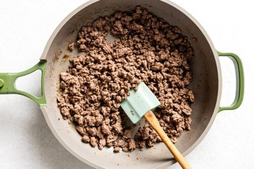 Ground beef cooked in a skillet