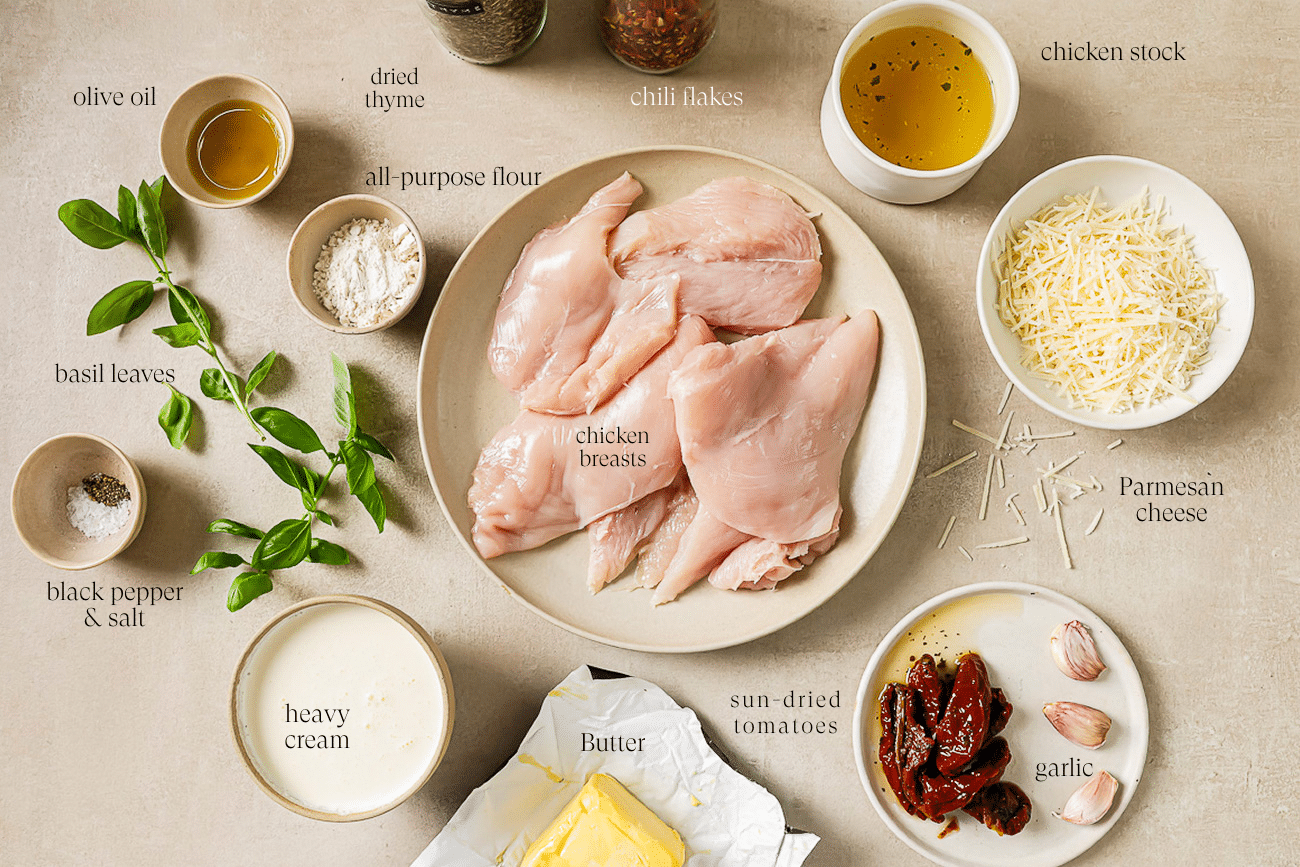 Pre-measured ingredients are labeled and arranged on a white countertop.