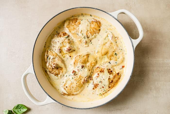 Six seared chicken cutlets in cream sauce in a large cast-iron Dutch oven.