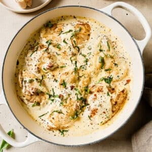 Chicken in a creamy sauce in a white skillet