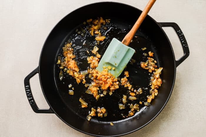 sautéed onions in a cast iron skillet 