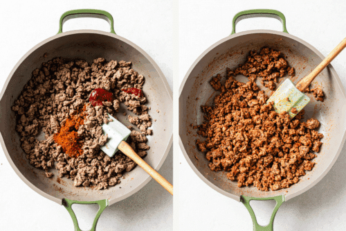 ground beef in a skillet with a spatula.