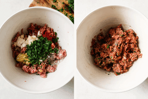 all the ingredients to make a burger in a white mixing bowl