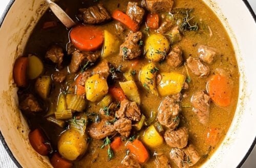 Close up of Apple Cider Beef Stew in a Dutch Oven