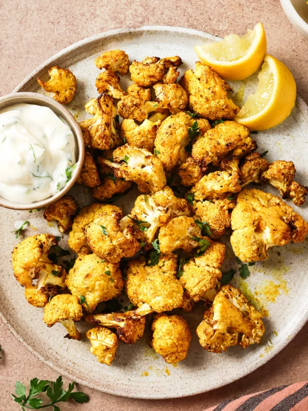 Overhead view of crispy air-fried cauliflower on a white plate.