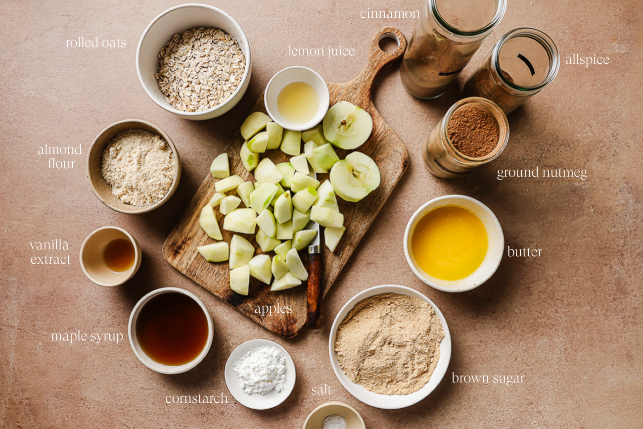 ingredients to make gluten free apple crisp on a countertop.